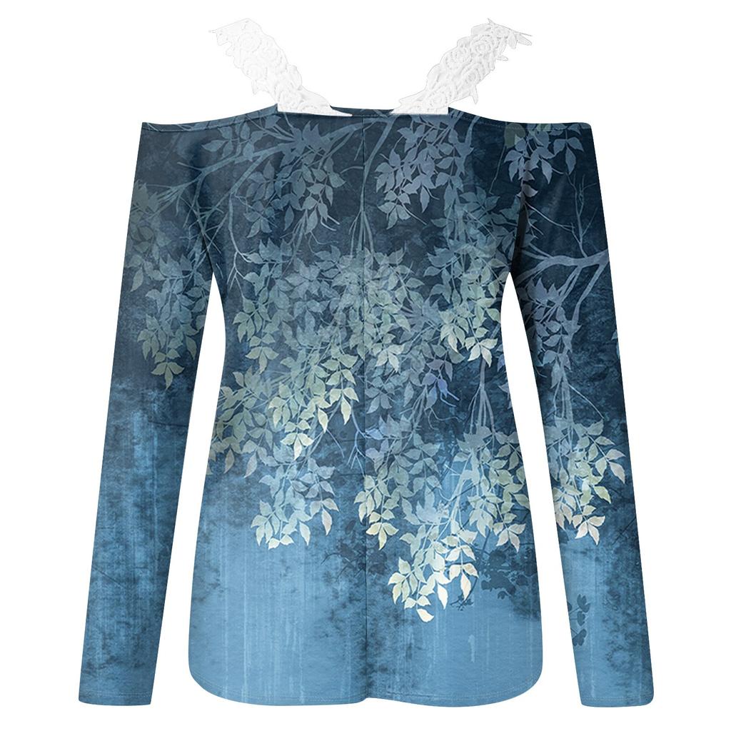 Fashionable Lace V-neck Pullover Long Sleeve Floral Print Top Casual T-shirt