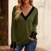 Women's Fashion Plus V-neck Button Up Long Sleeved Color Blocked Pullover T-shirt Top
