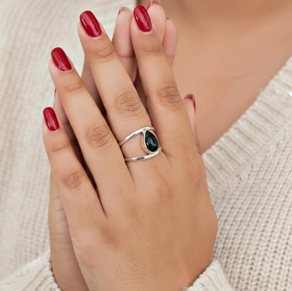 Pear Cut Black Onyx Ring, 925 Solid Sterling Silver, Minimalist Statement Ring for Women