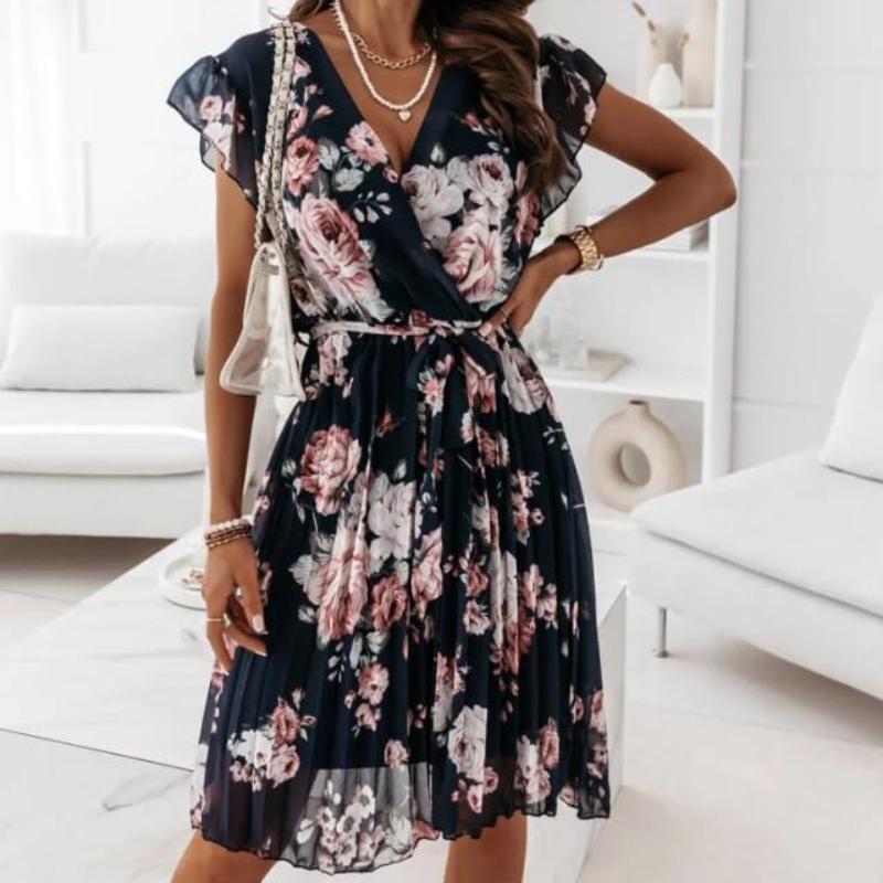 Women's Summer Ruffle Short Sleeve V-Neck Printed Dresses