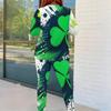 Women Plus Size Round Neck Long Sleeve Tie Dye Shamrock Printed Two Piece Pants Set