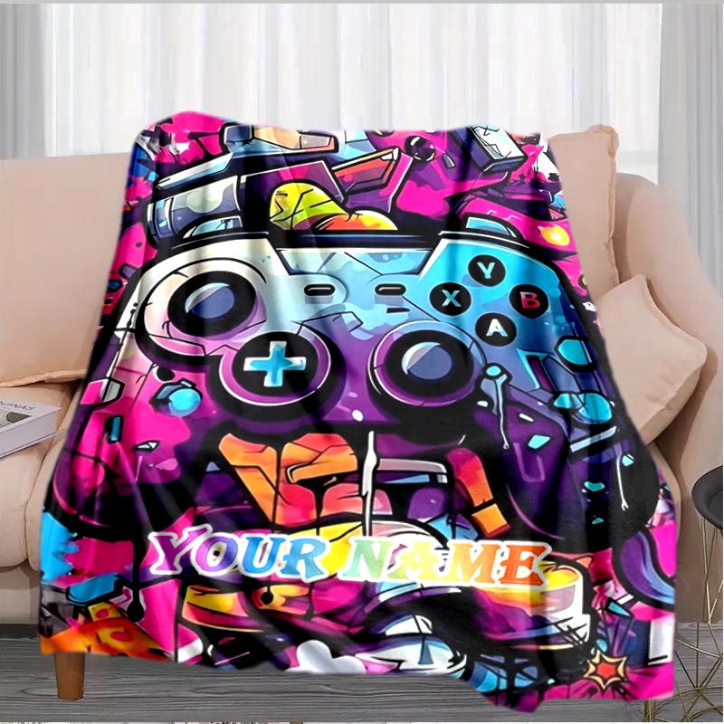 1PC Custom Name Controller Graffiti Art flannel blanket versatile, all-season throw suitable for the living room, bedroom, camping, travel, and gift
