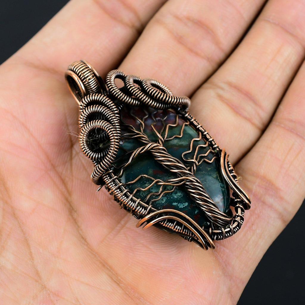Elegant Indian Moss Agate Gemstone Pure Copper Wire Wrapped Handmade Pendant Jewelry