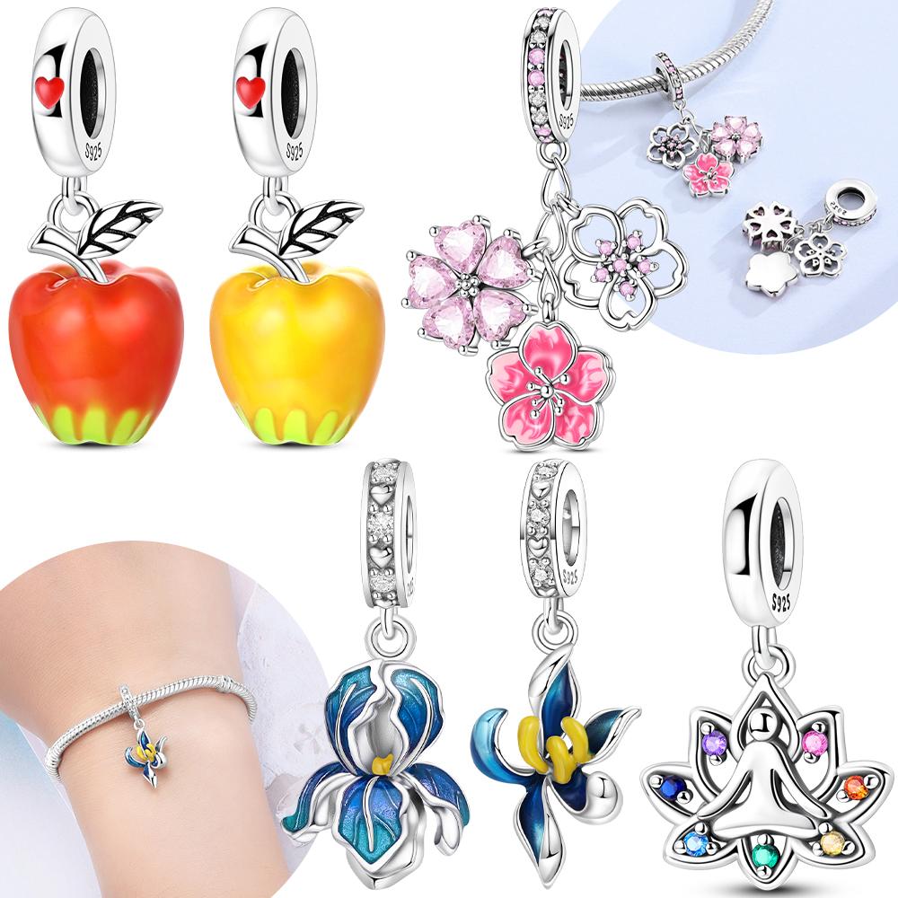 Original Charms Copper Pink Cherry Blossom And Blue Orchid Pendant Beads Fit Bracelet Women Jewelry Delicate Acessory Diy Gift