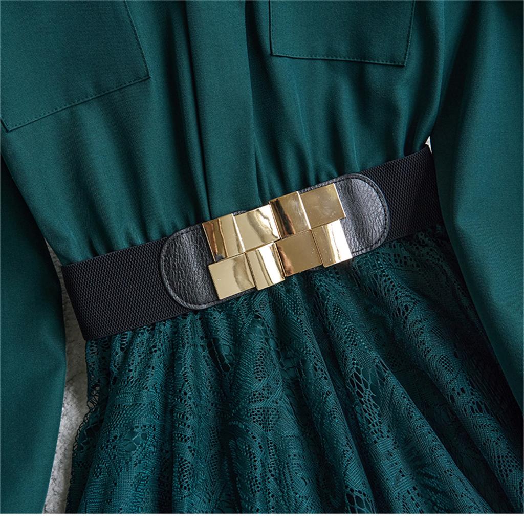 Solid Green Lace Splice One Piece Shirt Dress for Women Elegant Turn Down Collar Long Sleeve Belt Slim A-line Dress