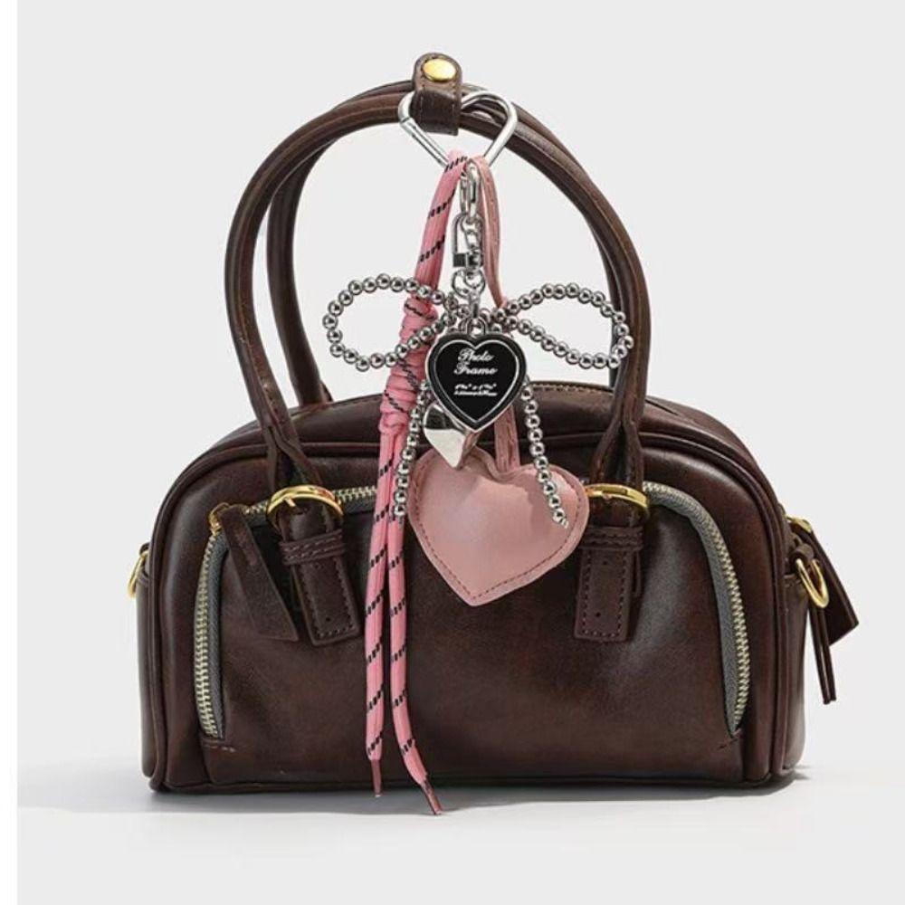 Creative Glossy Leather Pearl Bow Keyring Y2k Long Tassel Love Heart Backpack Pendant Bag Charms Handmade Bag Purse Decor Gift