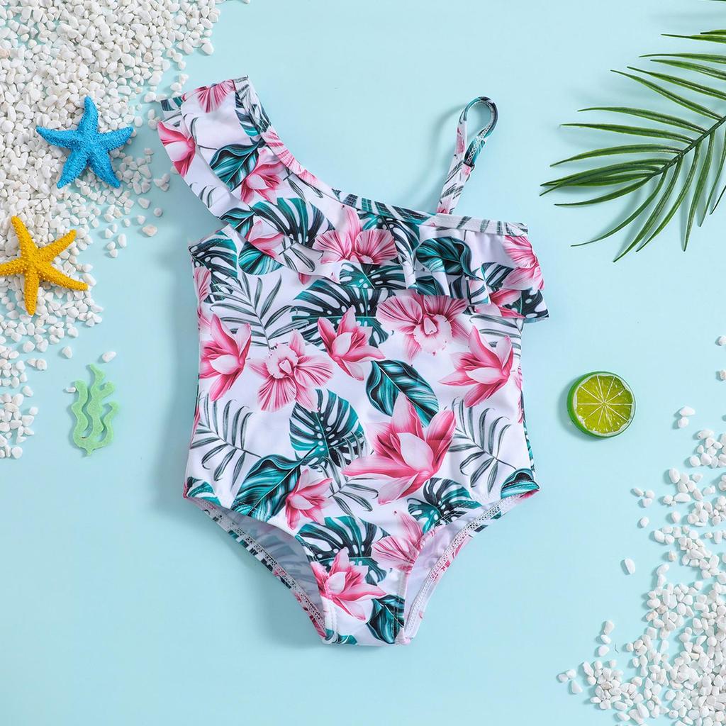 Girls' One-Shoulder Floral Print Swimsuit - Cute Swimwear for Kids.