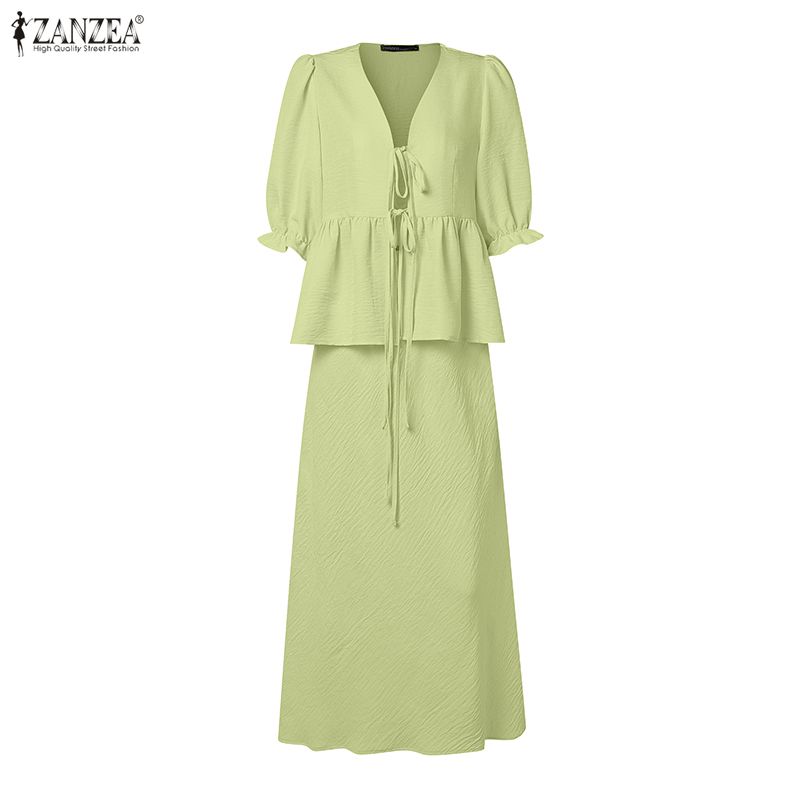 ZANZEA Women Elegant Two Piece Skirt Sets Puff Sleeve Tie Front V Neck Peplum Tops and Long Skirt Beachwear Suits