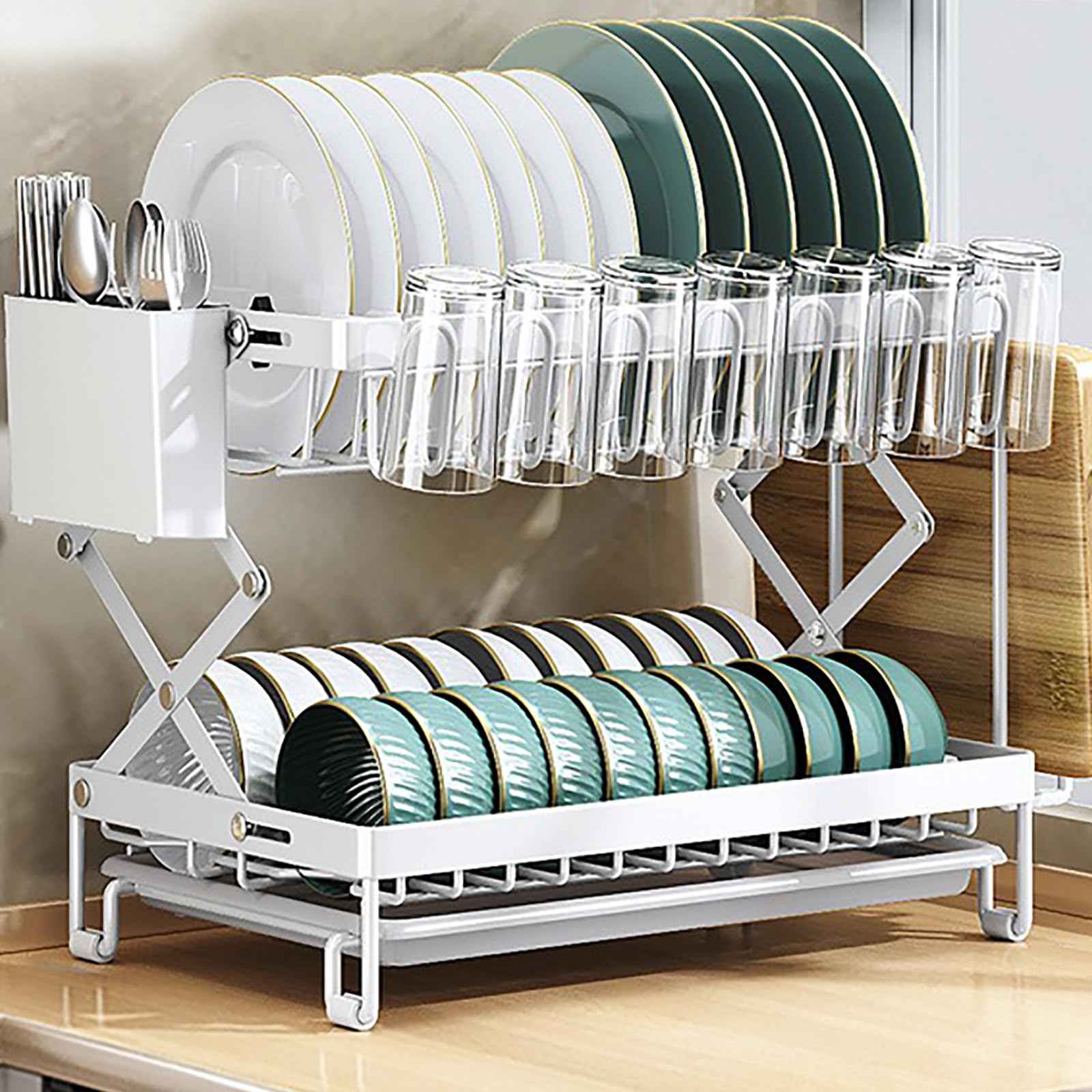 

MUTAO Dish Kitchen Storage Dish Plate Cup Chopsticks Cutting Board Carbon Steel Dish Large Capacity Dish Easy No Tools Required Drainer, 2-Tier Rack, белый