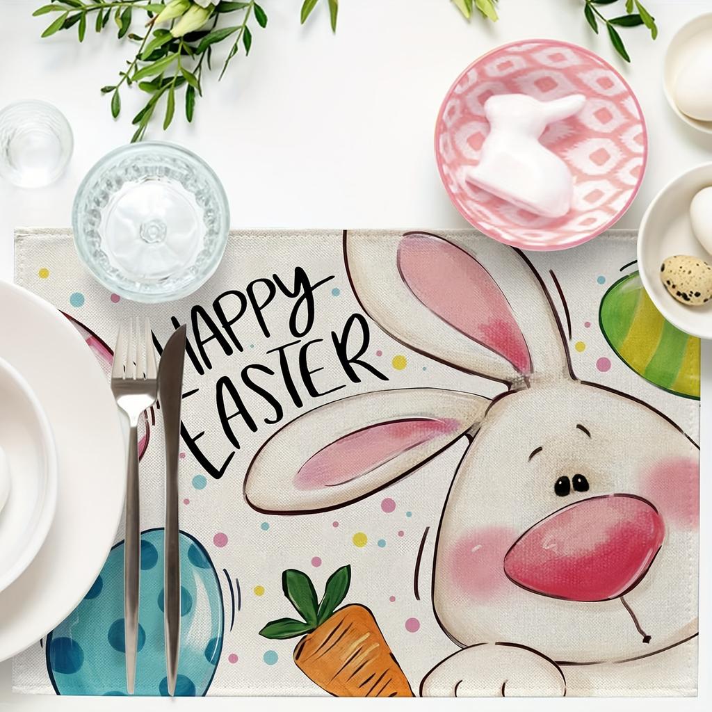 4 Stück, Frohe Ostern Hasen Tischsets Set aus 4, Niedliche Hasen Eier Karotte Punkte Streifen Esstisch Platzsets, Bauernhaus Küchen Deko 12 x 18 Zoll