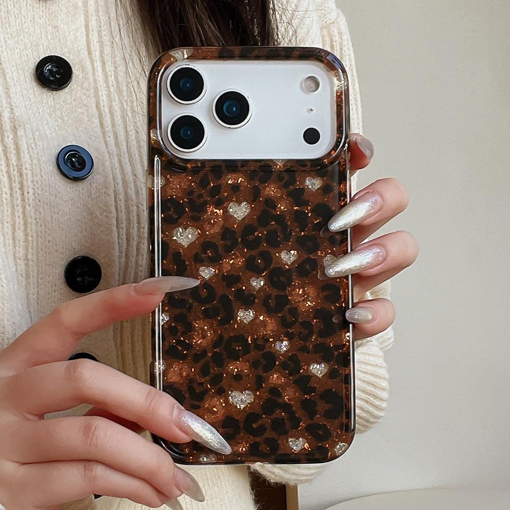 Glitter Heart Leopard Print Pattern Phone Case for iPhone 13 14 15 16 17 Pro Max Hard Back Cover Gifts