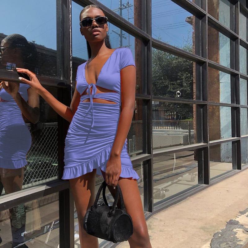 Women's Deep V-neck Hollowed-out Peplum Wrap Hip Sexy Dress