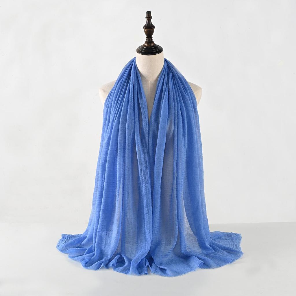 Crinkled Cotton-Linen Blend Scarf with Fringe - Solid Color, 90x180cm, Women's Headscarf