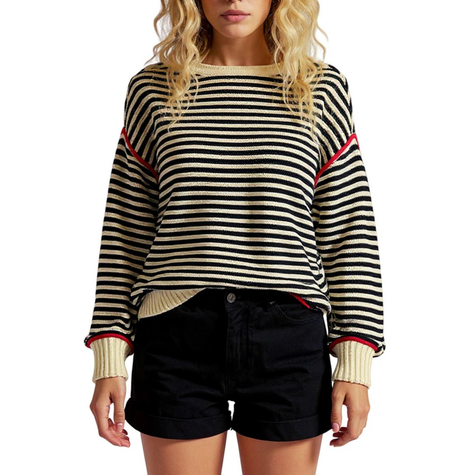

Women s Long Sleeved Striped Patchwork Knitted Round Neck Pullover Top S бежевый