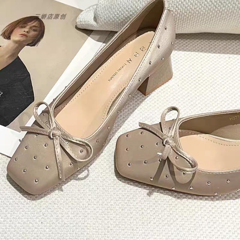 2025 Neu Hochhackige Einzelne Schuhe Quadratische Zehenpartie Flacher Schleife Slipper Rutschfest Verschleißfest Blockabsatz Schuhe