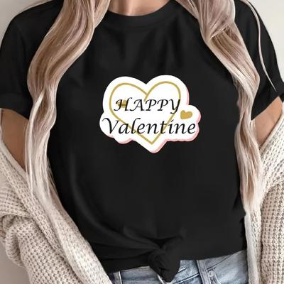 1 pièce T-shirt Saint-Valentin pour Femme - Coton Décontracté à Col Rond, Manches Courtes avec Imprimé Cœur & Fleur, Tissu Tricoté Doux, Regular