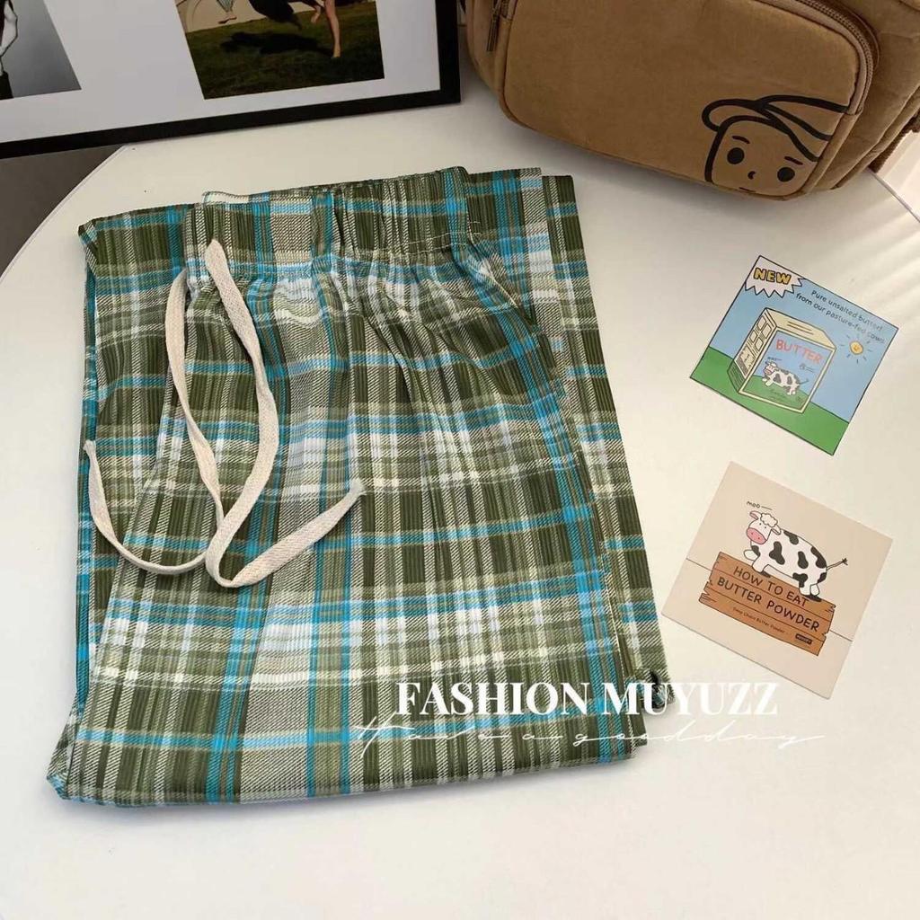 Plus Size High Waist Plaid Wide-Leg Ice Silk Pants for Women
