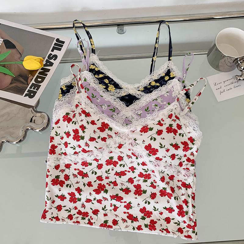 #Summer sweet small fresh floral pure desire vest short top girl V-neck lace splicing small
