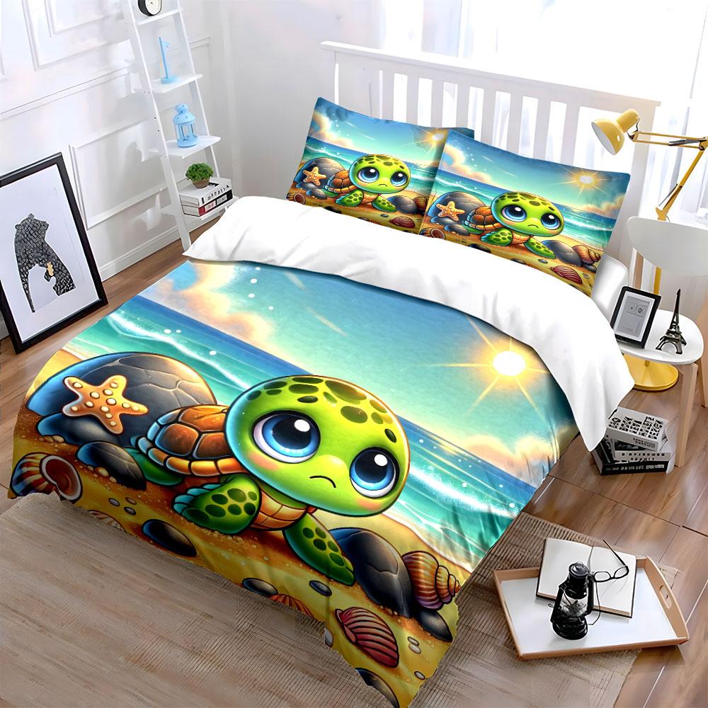 Cute Turtle Beach Decorations Set Soft Comfortable Duvet Cover Bedding Set Included 1*Duvet Cover & 2*Pillowcases, Gift