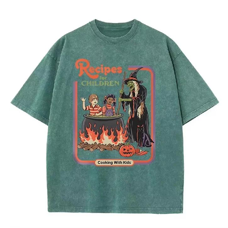 Washed Purple Retro Halloween Witch Cauldron Jack O Lantern Loose Tee