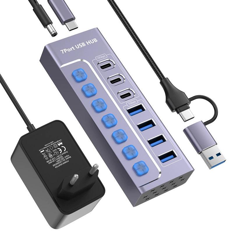 USB 3.0 7-Port Hub Splitter 10Gbps Docking Station with Independent Switches