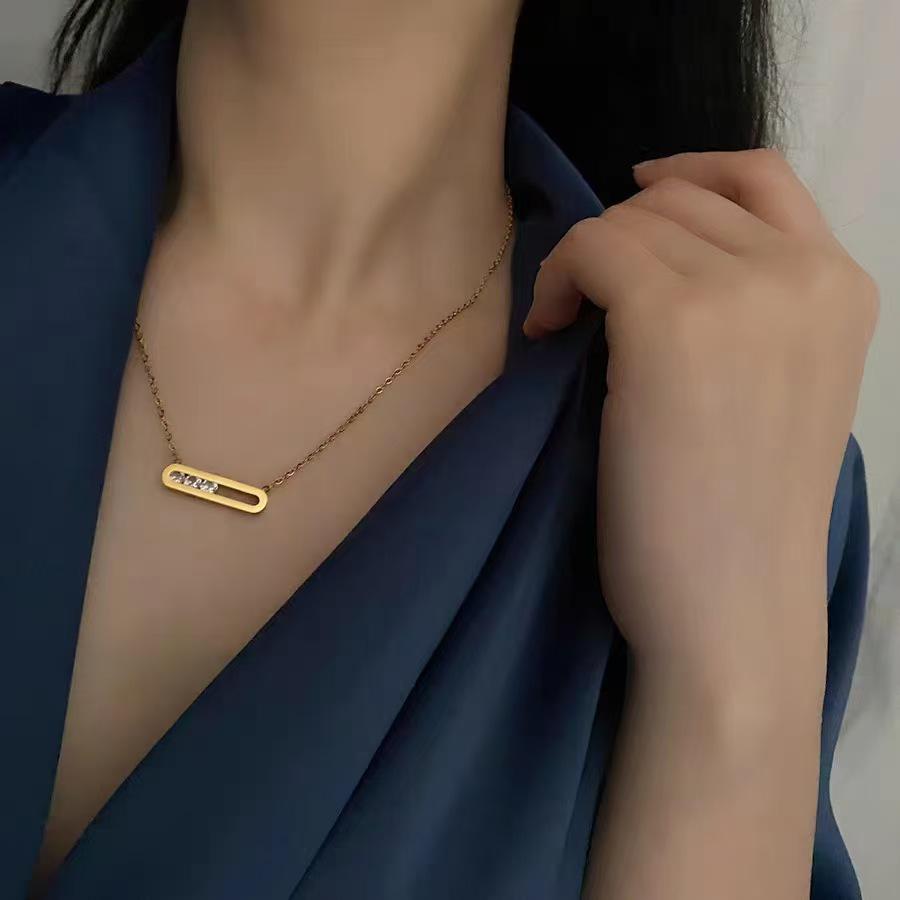 18K Colorfast Titanium Steel Necklace & Bracelet Set with Geometric Oval Frame and Zircon Pendant