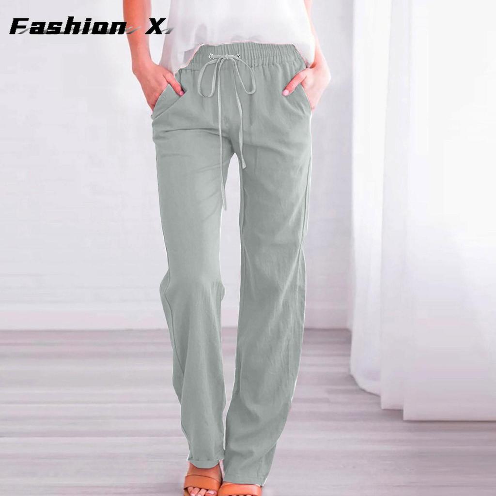 Pantaloni da donna larghi a gamba larga tinta unita cotone lino coulisse pantaloni casual