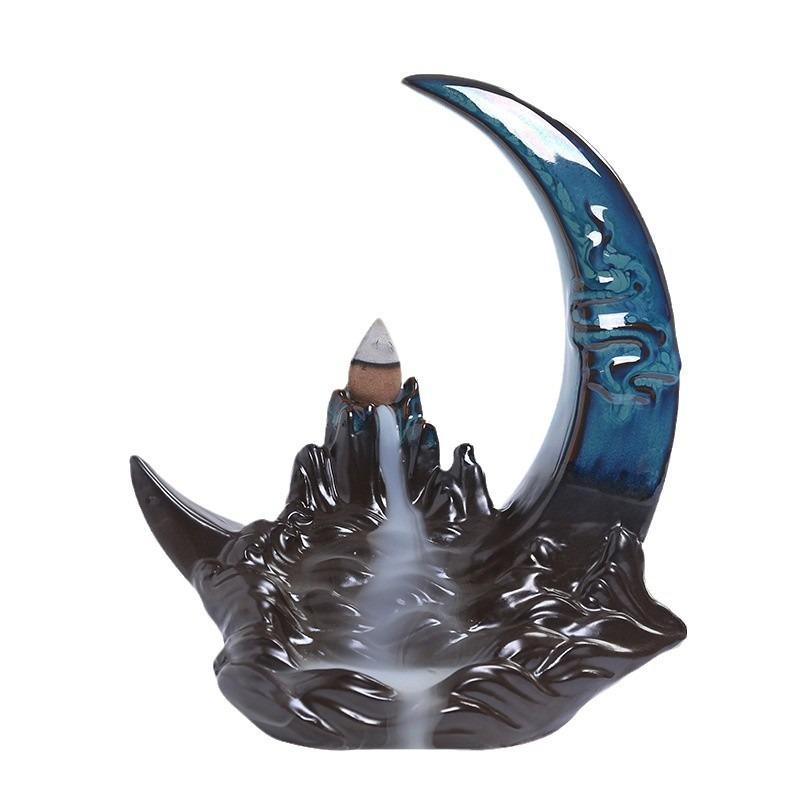 Mountain Moon Night Ceramic Backflow Incense Burner Zen Home Decor for Meditation Relaxation Aromatherapy Gift