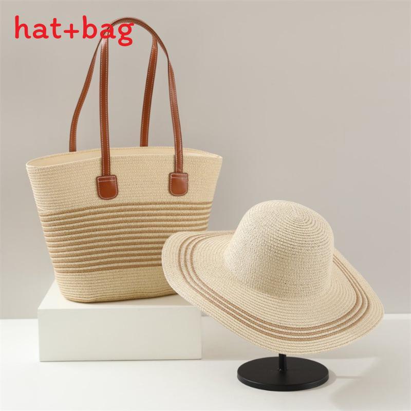 Woven Sun Hat And Large Capacity Straw Tote With Striped Pattern For Travel And Casual Wear