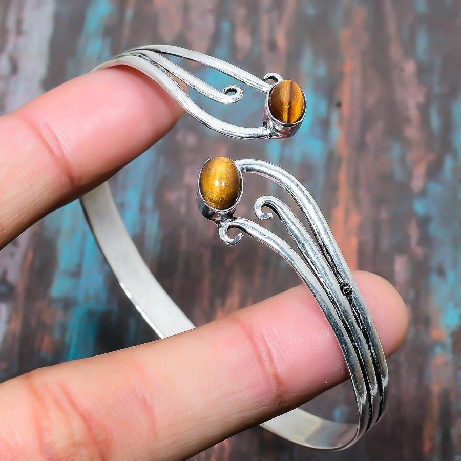 

Драгоценный камень тигровый глаз ручной работы стерлингового серебра 925 пробы ювелирные изделия манжета / браслет регулируемый