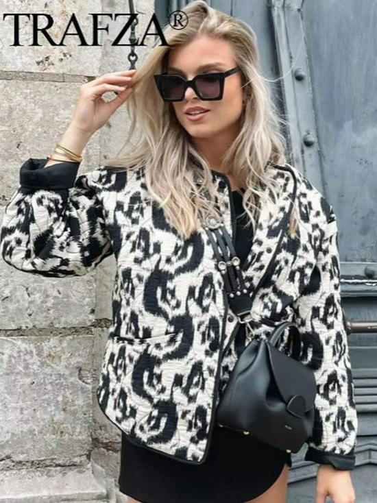 Autumn Retro Women's Fashion Loose Long Sleeve Printed Cotton-Padded Jacket