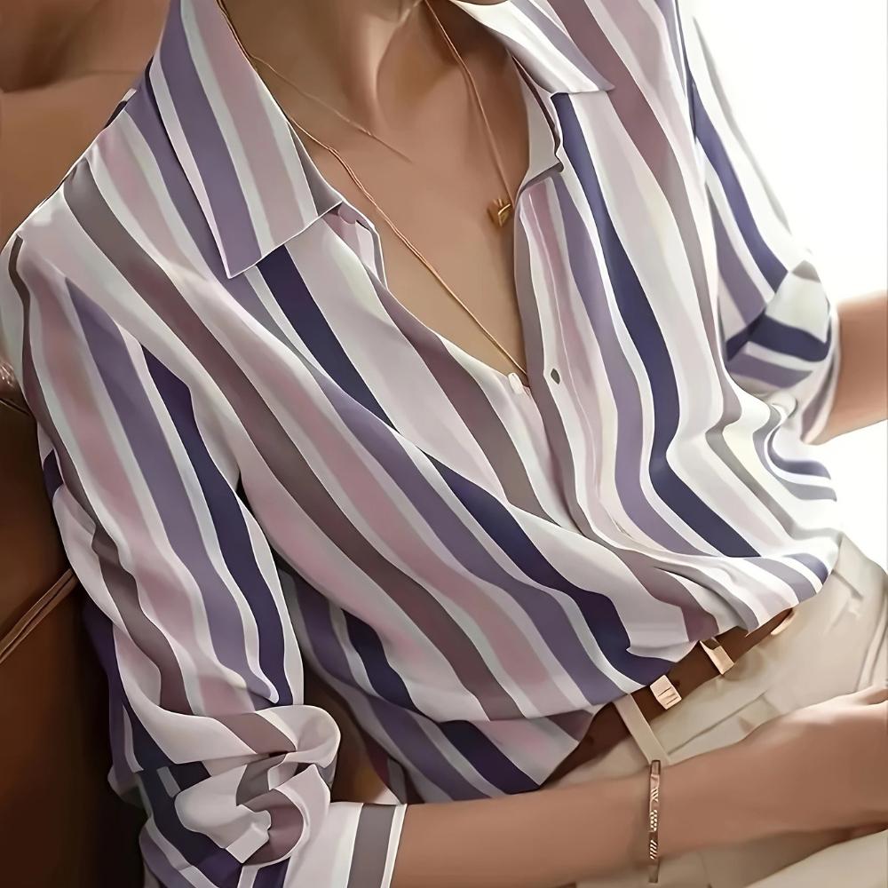 

women s Retro Striped Color Block Long Sleeve Blouse Regular Fit Elegant Commuter Shirt Top 2XL фіолетовий