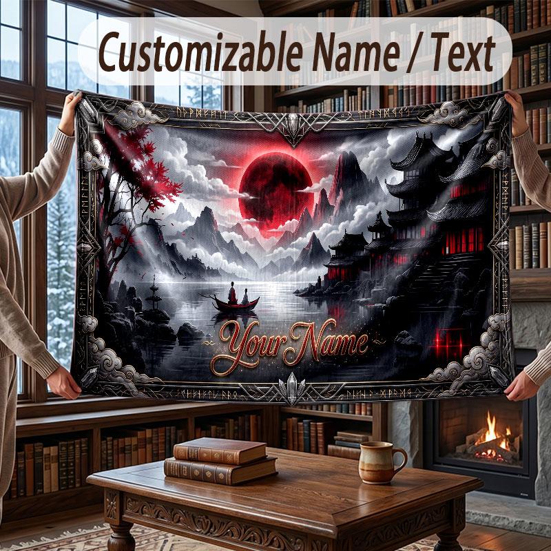 Mountain Landscape Theme Throw Blanket Custom Name Text Personalized Blanket Soft Cozy Blanket for Home Sofa Bed