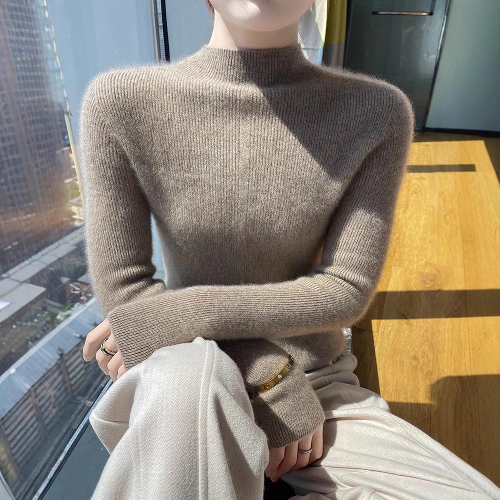 Women's Slim-Fit Wool Sweater - Autumn/Winter, Versatile Cashmere Knit, Half-High Collar