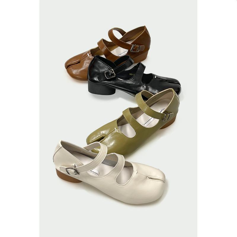 Fashion IPPEUM Tabis Toe Mary Janes Black PU Leather  Round Heels Split Toe Flats Ballet Shoes