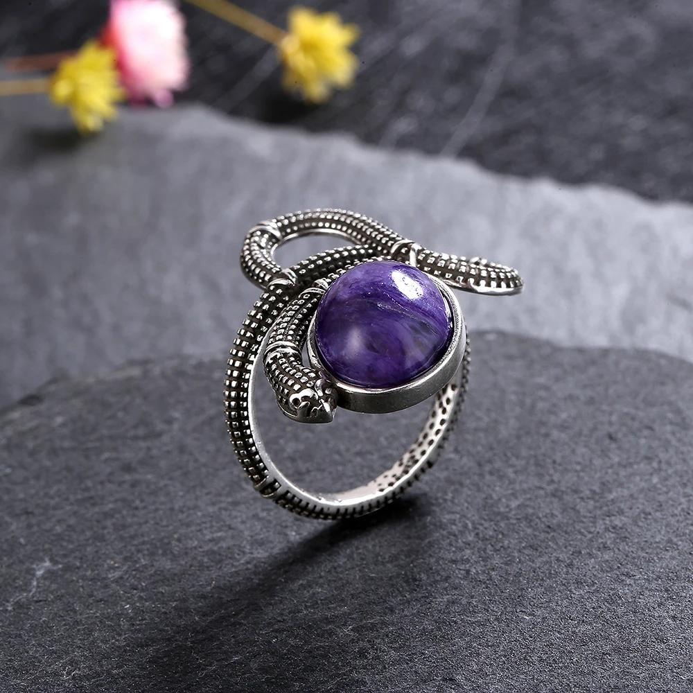 Snake Shaped Vintage Ring Natural Labradorite Ring 10*12MM Turquoise Moonstone Retro Gift for Women Men Fine Jewelry