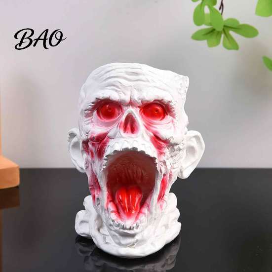 Dark Home Office Decor Gothic Skull Pen Holder, Realistic Zombie Head Makeup Brush Organizer, Large Capacity Desktop Niche Art Piece Storage