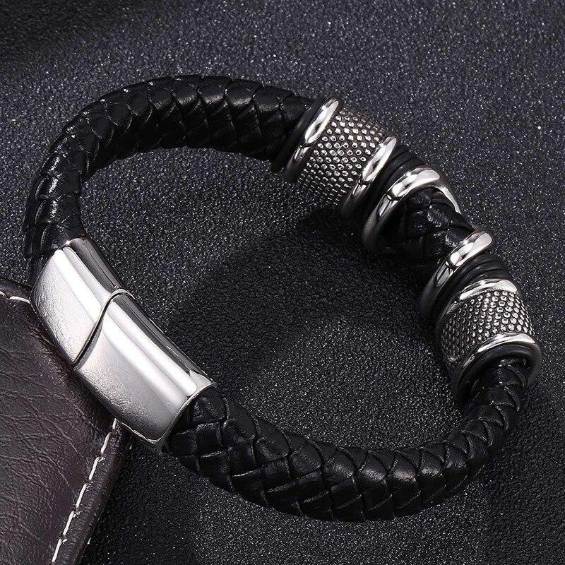 Trendy Jewelry Handmade Leather Chain Weaved Man Bracelets Fashion Clasp Bangle Stainless Steel Wristband