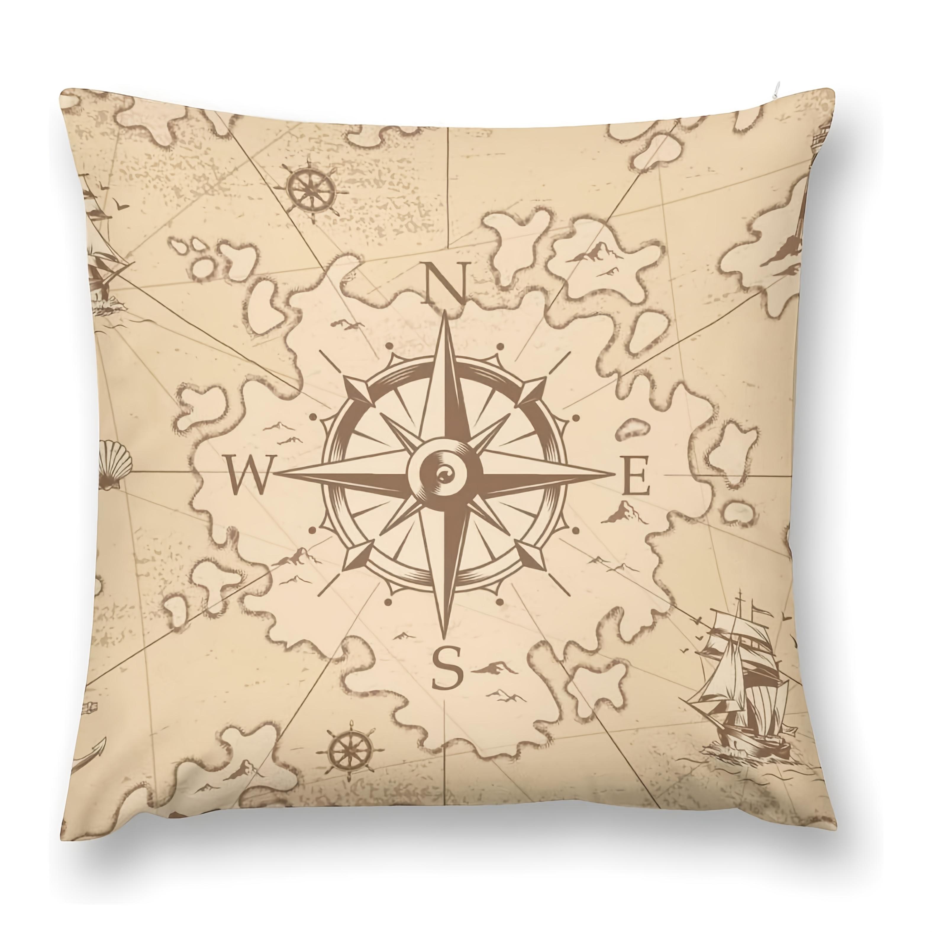 Tonnika Chen Unisex Vintage Nautical Map Linen Pillow Cover - Compass Design, Perfect Home Decor, Soft Cozy, Unique Gift Idea, Retro Style