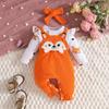 2025 Autumn/Winter Baby & Toddler Fox Heart Print Long Sleeve Footed Romper with Faux Straps & Headband