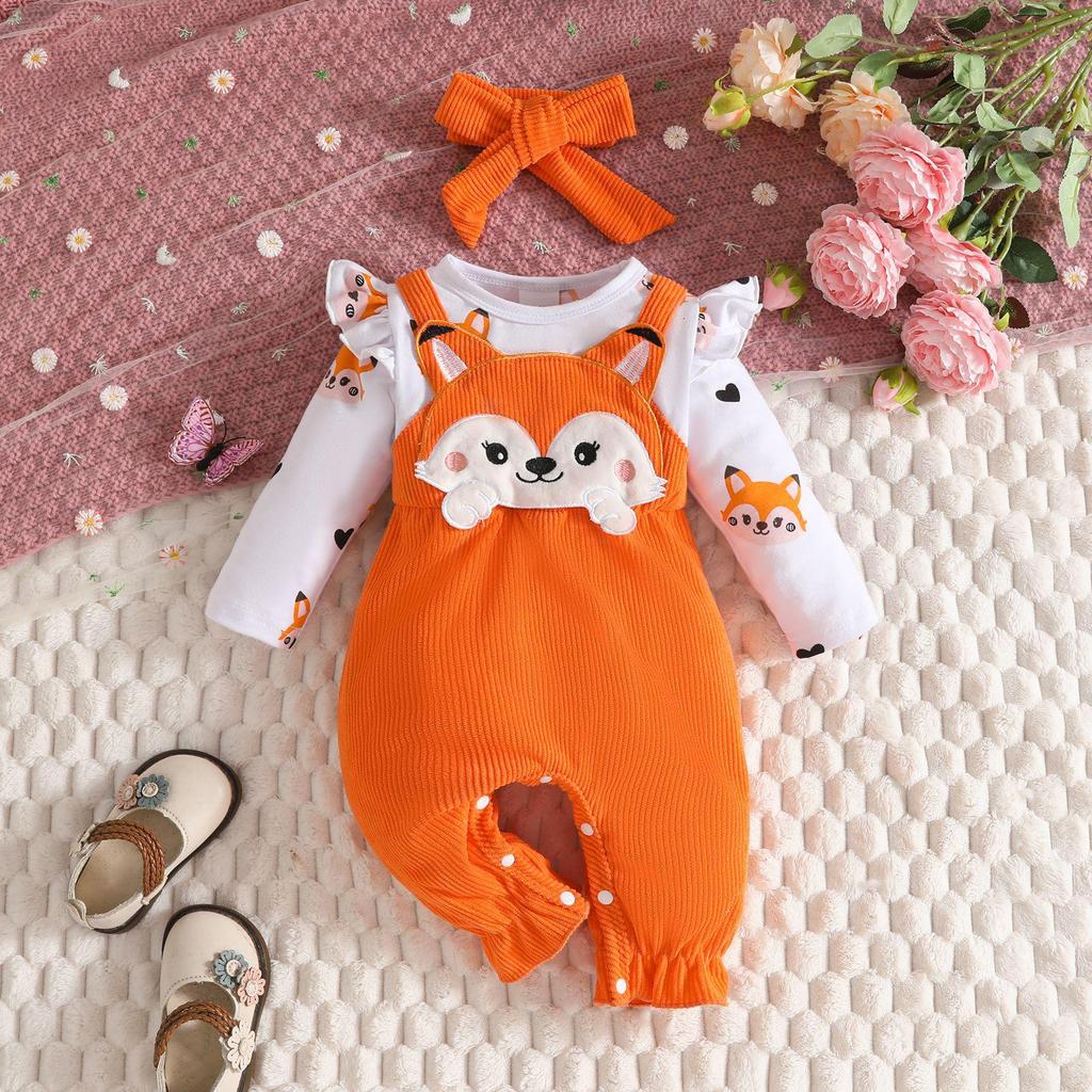 2025 Autumn/Winter Baby & Toddler Fox Heart Print Long Sleeve Footed Romper with Faux Straps & Headband
