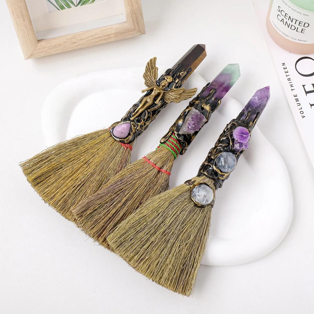 Rough Stone Crystal Column Point Stone Broom Natural Broom Craft Witch Broom Ornaments  Psychic