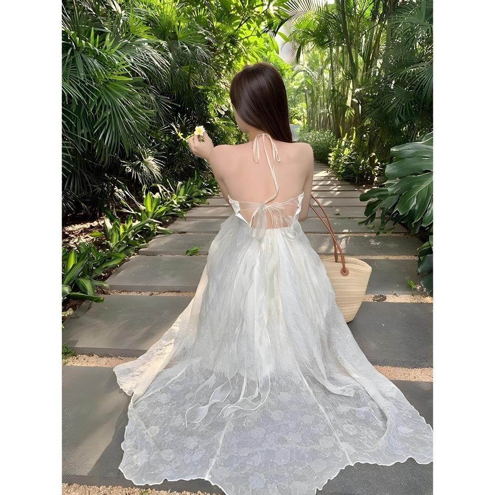 Summer Design Temperament Exposed Back Neck Suspender Dress Women's Seaside Vacation Style Elegant Lace-up Dress