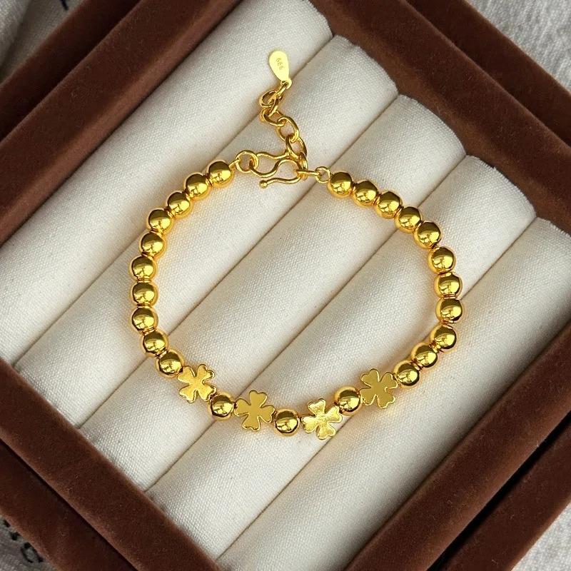 Pure Gold Light Luxury Design Sense European and American Style Four-leaf Clover Light Bead Bracelet for Women