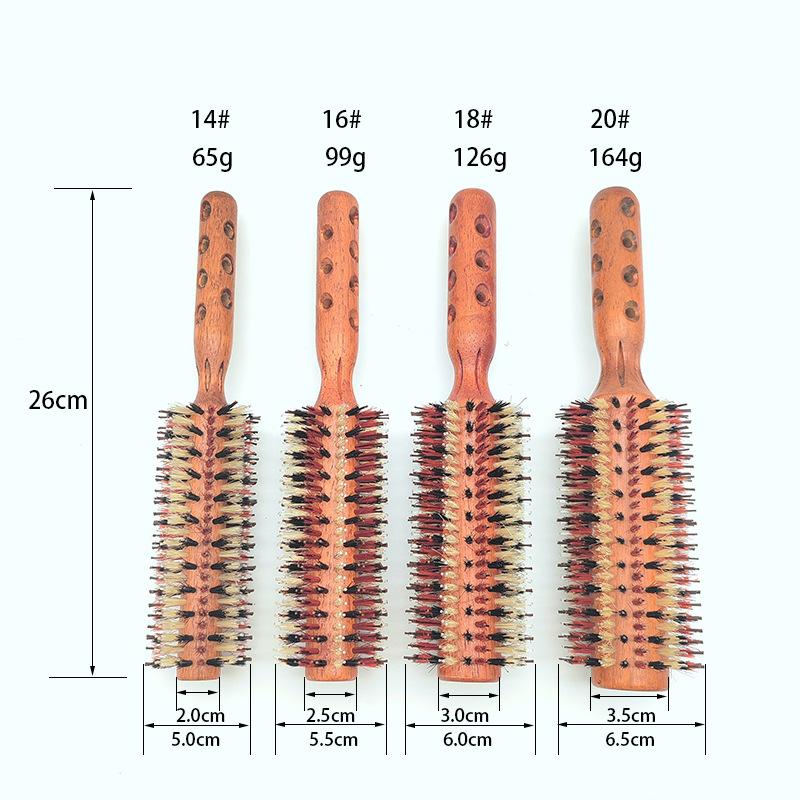 Hair Drying Styling Curly Barber Dye Rubber Wood Comb Boar Bristle Round Brush With Natural Wooden Handle