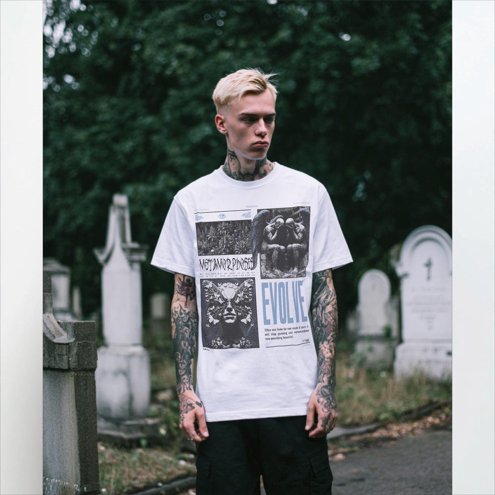Metamorphosis Alternative Gothic Tee, Brutalism Angels Gothic Plants Butterflies, blue bold Heavy Metal Rock Festival Poster, street style L