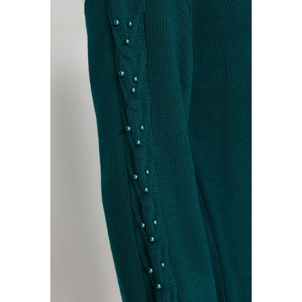 Pulover de tricotaj cu perle cu mânecă verde închis Tctaw24ak00129