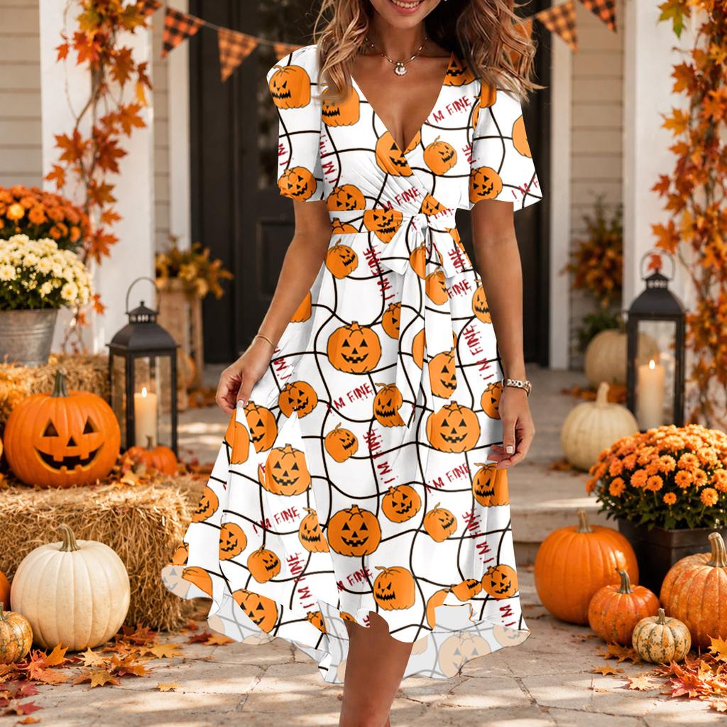 Women Casual V Neck Short Sleeve Halloween Print Dress Midi Length Relaxed Fit Lightweight Fabric Summer Dress