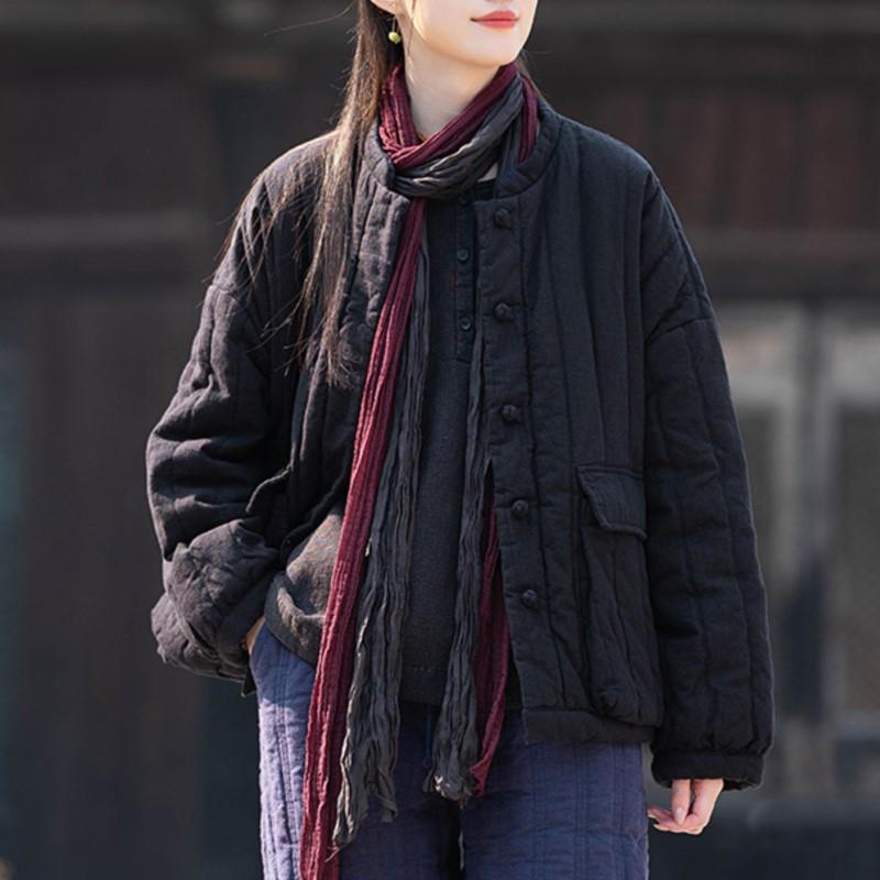Winter Women's Vintage Linen Parkas Stand Long Sleeve Button Plus Cotton Warm Coat Solid Color Chinese Style Parkas