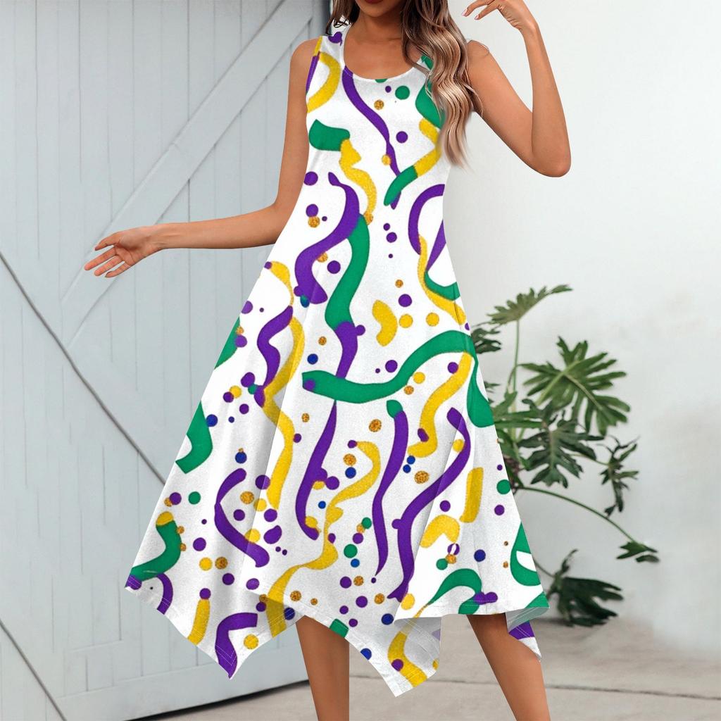 Dámská ležérní móda Midi šaty s kulatým výstřihem a potiskem bez rukávů s nepravidelným lemem